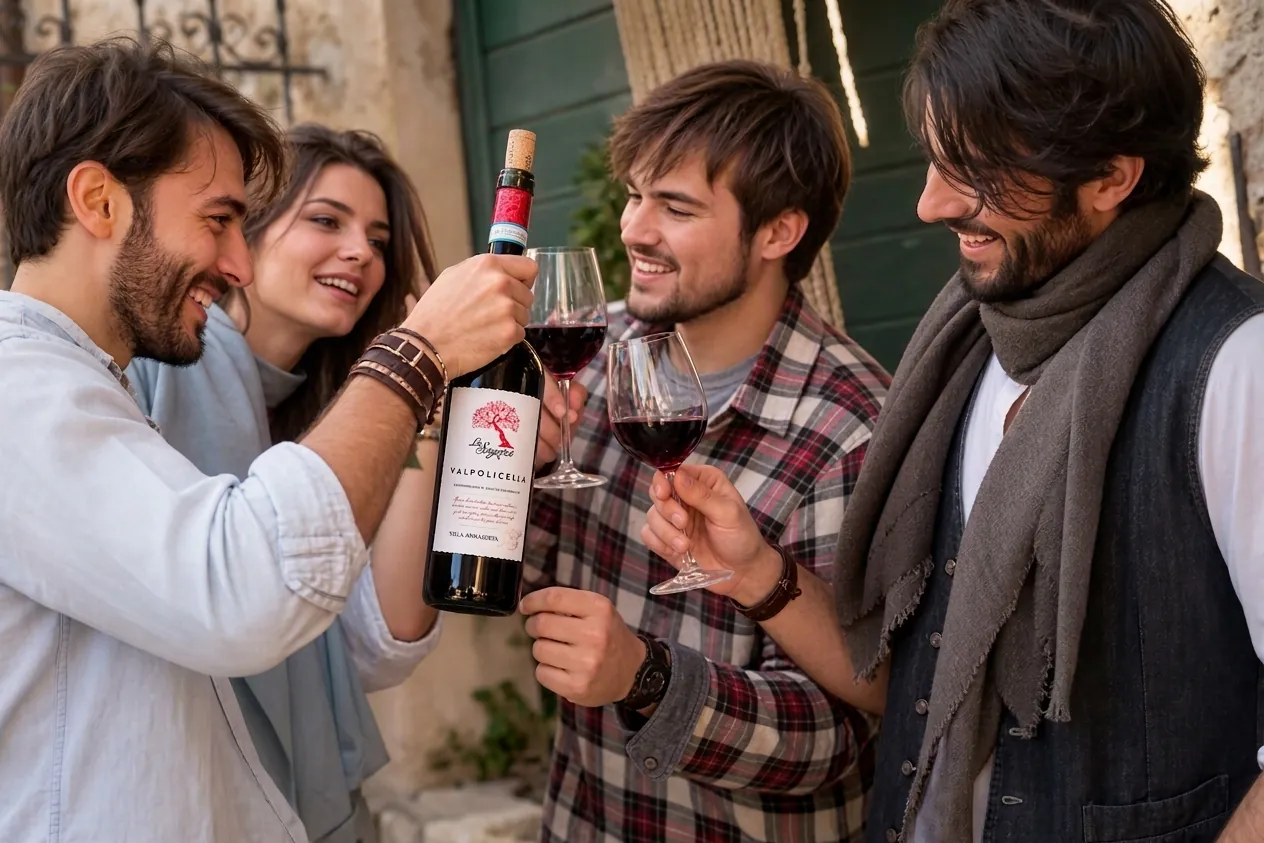 Four friends raising a toast with a bottle of La Sogara Valpolicella