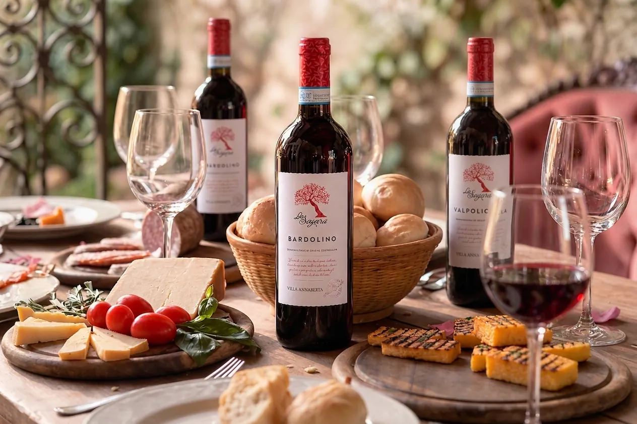 An outdoor table set with La Sogara Bardolino and Valpolicella, bread, cheese and wine glasses